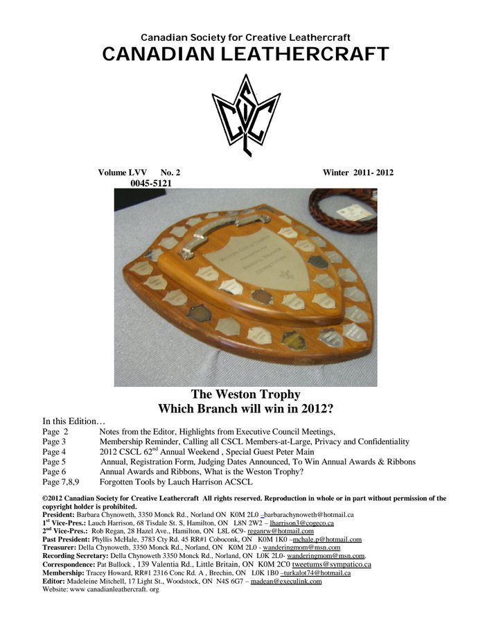 Canadian Leathercraft – Winter 2011-2012 – Newsletter by CSCL — cover of the original newsletter
