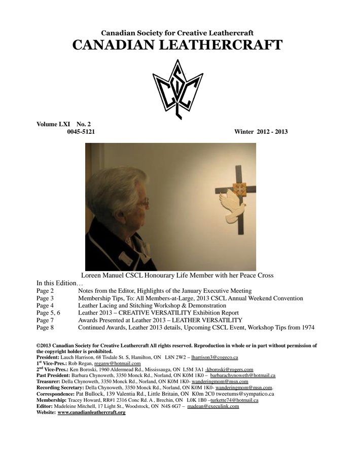 Canadian Leathercraft – Winter 2012-2013 – Newsletter by CSCL — cover of the original newsletter