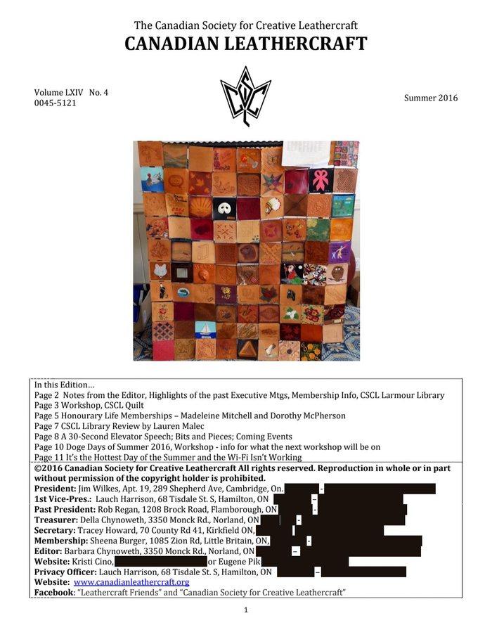 Canadian Leathercrafter – Summer 2016 — cover of the original newsletter