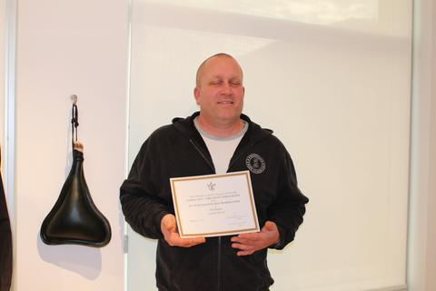The Irva Ford Award for Best Moulded Article, 3 of 5 — the certificate held up beside the moulded leather bottel it was given for. It reads: “The Canadian Society for Creative Leathercraft presents Leather 2013 – CREATIVE VERSATILITY — Irva Ford Award for Best Moulded Article — to Rob Regan — Leather Bottel — January 12, 2013”.