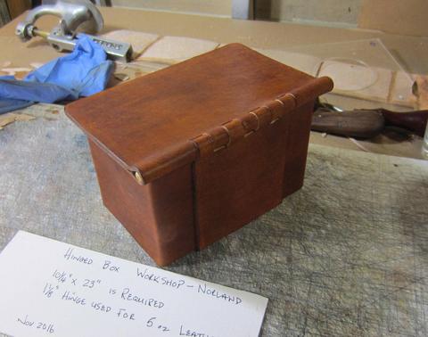 The workshop's sample box, closed, with its card: “Hinged Box Workshop – Norland”, signed by Lauch Harrison