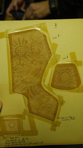 A carved design on its pattern sheet, with pencilled notes