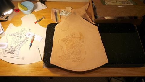 Back Quiver - leather carving and tooling, pewter casting, copper electroplating — photograph 45