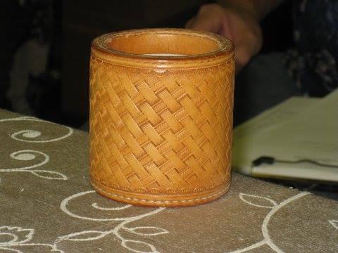 A stitched, basket-stamped leather cylinder, the project of the “Variations on a Cylinder” workshop, October 2014