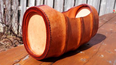 The container from the end, showing the stitched edge all round