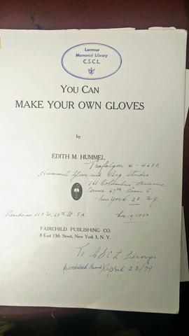 The library's copy of “You Can Make Your Own Gloves”, with its Larmour Memorial Library label, March 2019