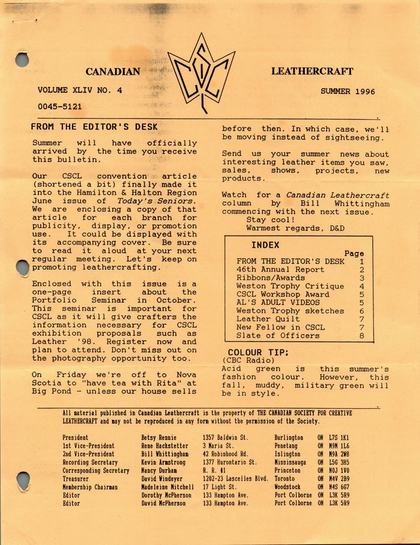 Summer 1996 · Volume 44, No. 4 — cover of the original newsletter