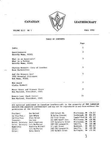 Canadian Leathercraft – Fall 1992 – Newsletter by CSCL — lead photograph
