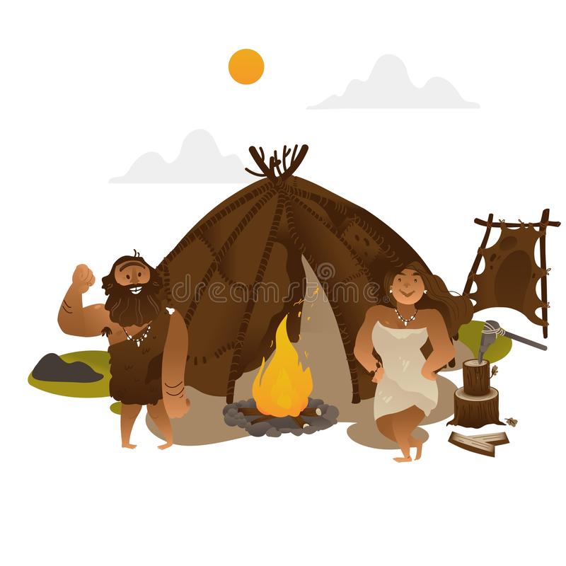 Ancient people standing near torch with fireplace in stone age.